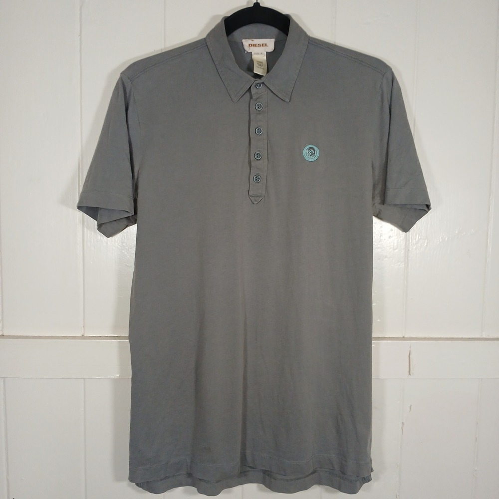Diesel Only The‎ Brave Mohawk Logo Patch Polo Shirt Mens M Gray Short Sleeve